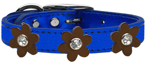 Metallic Flower Leather Collar Metallic Blue With Flowers Size