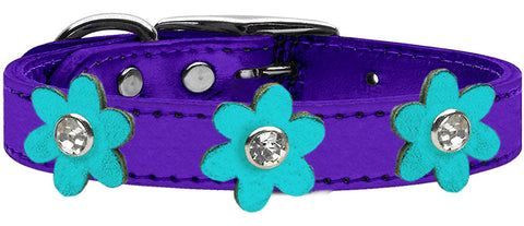 Metallic Flower Leather Collar Metallic Purple With Metallic Turquoise Flowers Size 10