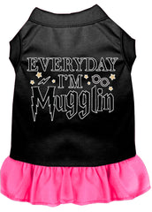 Everyday I'm Mugglin Screen Print Dog Dress Black with Bright Pink XXXL (20)