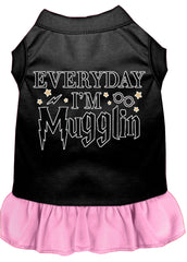 Everyday I'm Mugglin Screen Print Dog Dress Black with Light Pink XXXL (20)