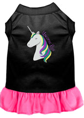 Unicorns Rock Embroidered Dog Dress Black with Bright Pink XXXL 