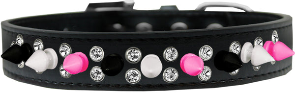 Double Crystal With Black, White And Bright Pink Spikes Dog Collar White Size