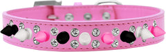 Double Crystal With Black, White And Bright Pink Spikes Dog Collar White Size