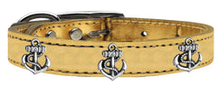 Silver Anchor Widget Genuine Metallic Leather Dog Collar