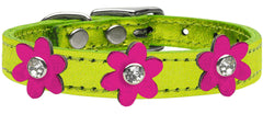 Metallic Flower Leather Collar Metallic Lime Green With Metallic Flowers Size