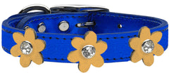 Metallic Flower Leather Collar Metallic Blue With Flowers Size