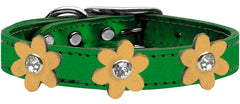 Metallic Flower Leather Collar Metallic Emerald Green With Metallic Flowers Size