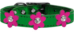 Metallic Flower Leather Collar Metallic Emerald Green With Metallic Flowers Size