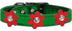 Metallic Flower Leather Collar Metallic Emerald Green With Metallic Flowers Size