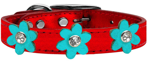 Metallic Flower Leather Collar Metallic Turquoise With Metallic Flowers Size