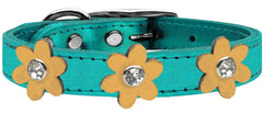 Metallic Flower Leather Collar Metallic Turquoise With Metallic Flowers Size