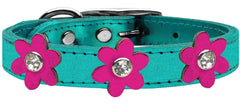 Metallic Flower Leather Collar Metallic Turquoise With Metallic Flowers Size