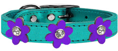 Metallic Flower Leather Collar Metallic Turquoise With Metallic Flowers Size