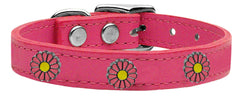 Pink Daisy Widget Genuine Leather Dog Collar