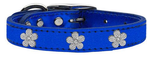 Silver Flower Widget Genuine Metallic Leather Dog Collar