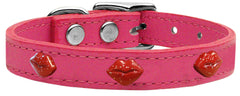 Red Glitter Lips Widget Genuine Leather Dog Collar Red