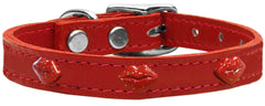 Red Glitter Lips Widget Genuine Leather Dog Collar Red