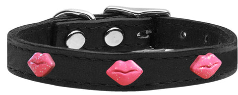 Pink Glitter Lips Widget Genuine Leather Dog Collar