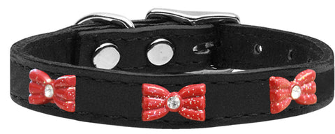 Red Glitter Bow Widget Genuine Leather Dog Collar Red