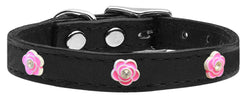 Bright Pink Rose Widget Genuine Leather Dog Collar