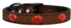 Red Glitter Lips Widget Genuine Metallic Leather Dog Collar Red