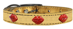 Red Glitter Lips Widget Genuine Metallic Leather Dog Collar Red