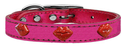 Red Glitter Lips Widget Genuine Metallic Leather Dog Collar Red