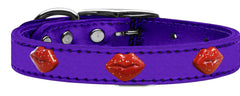 Red Glitter Lips Widget Genuine Metallic Leather Dog Collar Red