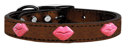 Pink Glitter Lips Widget Genuine Metallic Leather Dog Collar