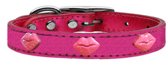 Pink Glitter Lips Widget Genuine Metallic Leather Dog Collar