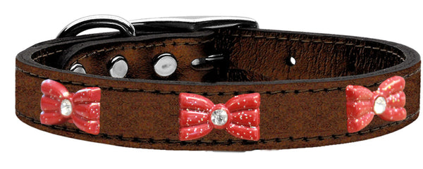 Red Glitter Bow Widget Genuine Metallic Leather Dog Collar Red