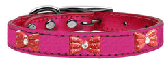 Red Glitter Bow Widget Genuine Metallic Leather Dog Collar Red