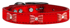 Red Glitter Bow Widget Genuine Metallic Leather Dog Collar Red