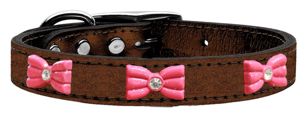 Pink Glitter Bow Widget Genuine Metallic Leather Dog Collar