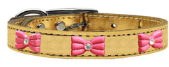 Pink Glitter Bow Widget Genuine Metallic Leather Dog Collar