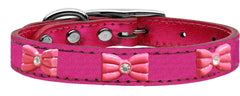 Pink Glitter Bow Widget Genuine Metallic Leather Dog Collar