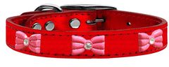 Pink Glitter Bow Widget Genuine Metallic Leather Dog Collar