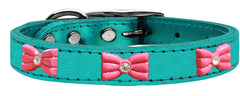 Pink Glitter Bow Widget Genuine Metallic Leather Dog Collar