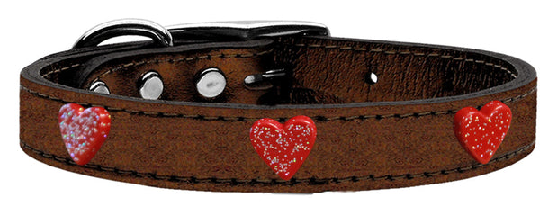 Red Glitter Heart Widget Genuine Metallic Leather Dog Collar Red