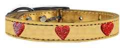 Red Glitter Heart Widget Genuine Metallic Leather Dog Collar Red