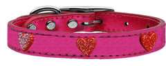 Red Glitter Heart Widget Genuine Metallic Leather Dog Collar Red