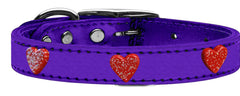 Red Glitter Heart Widget Genuine Metallic Leather Dog Collar Red