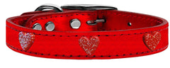 Red Glitter Heart Widget Genuine Metallic Leather Dog Collar Red