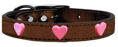 Pink Glitter Heart Widget Genuine Metallic Leather Dog Collar