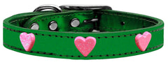 Pink Glitter Heart Widget Genuine Metallic Leather Dog Collar