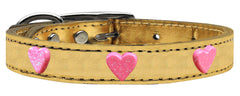 Pink Glitter Heart Widget Genuine Metallic Leather Dog Collar