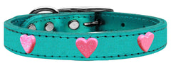 Pink Glitter Heart Widget Genuine Metallic Leather Dog Collar