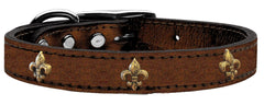 Bronze Fleur De Lis Widget Genuine Metallic Leather Dog Collar