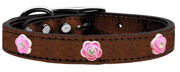 Bright Pink Rose Widget Genuine Metallic Leather Dog Collar