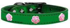 Bright Pink Rose Widget Genuine Metallic Leather Dog Collar